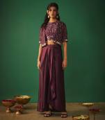 Wine mirror embroidered choli, dhoti skirt and crop jacket set