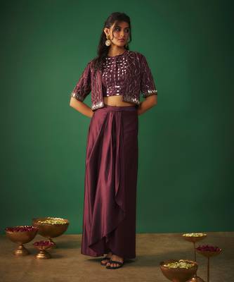 Wine mirror embroidered choli, dhoti skirt and crop jacket set 2