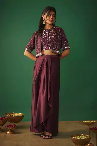 Wine mirror embroidered choli, dhoti skirt and crop jacket set