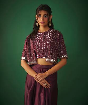 Wine mirror embroidered choli, dhoti skirt and crop jacket set 3