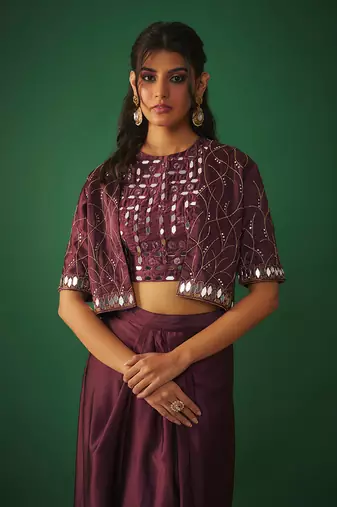 Wine mirror embroidered choli, dhoti skirt and crop jacket set