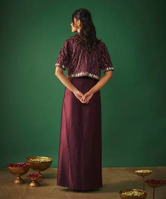 Wine mirror embroidered choli, dhoti skirt and crop jacket set 4