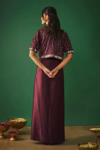 Wine mirror embroidered choli, dhoti skirt and crop jacket set
