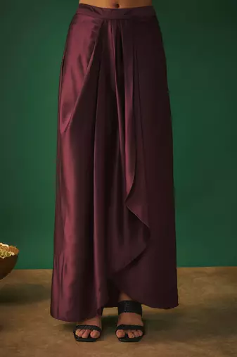 Wine mirror embroidered choli, dhoti skirt and crop jacket set