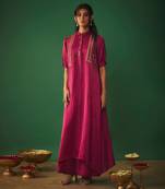 Magenta pink mirror embroidered kurta and pants set