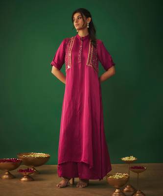 Magenta pink mirror embroidered kurta and pants set 2