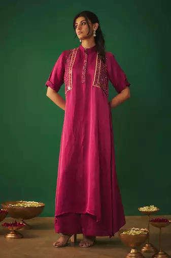 Magenta pink mirror embroidered kurta and pants set