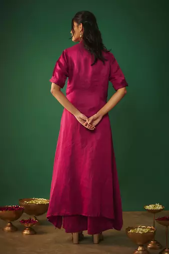 Magenta pink mirror embroidered kurta and pants set