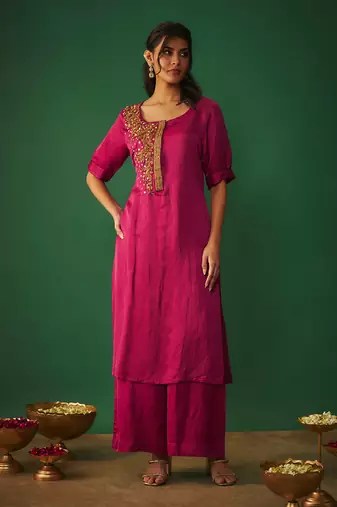 Magenta pink embroidered kurta and pants set