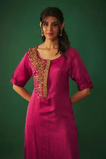 Magenta pink embroidered kurta and pants set