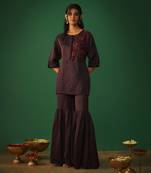 Wine embroidered hi low kurta and sharara set