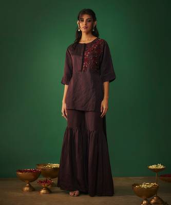 Wine embroidered hi low kurta and sharara set 2