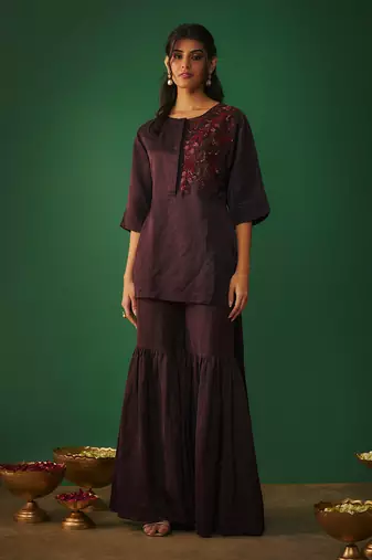 Wine embroidered hi low kurta and sharara set