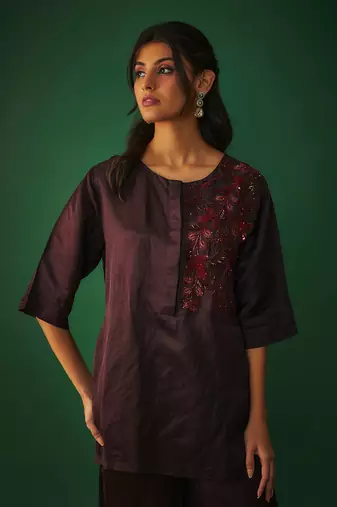 Wine embroidered hi low kurta and sharara set