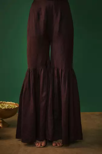 Wine embroidered hi low kurta and sharara set