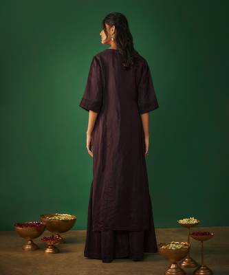 Wine embroidered hi low kurta and sharara set 5