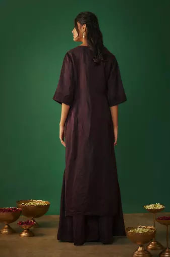 Wine embroidered hi low kurta and sharara set