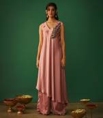 Rose pink embroidered asymmtrical kurta and pants set