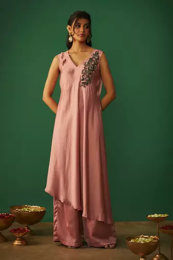 Rose pink embroidered asymmtrical kurta and pants set