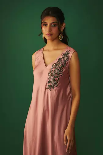 Rose pink embroidered asymmtrical kurta and pants set