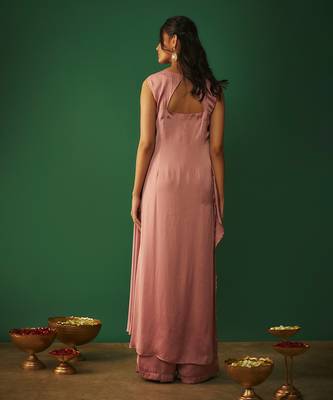 Rose pink embroidered asymmtrical kurta and pants set 5