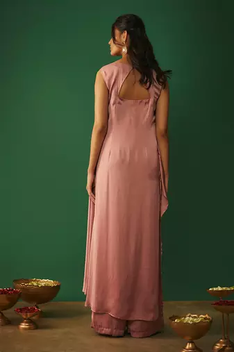 Rose pink embroidered asymmtrical kurta and pants set