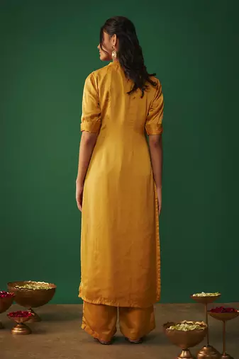 Mustard yellow mukaish embrodiered kurta and pants set