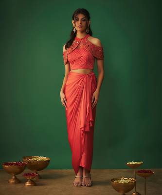 Sunrise Orange Drape Skirt with Embroidered Peplum Top