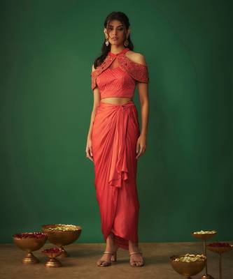 Orange embroidered top and draped skirt set 2