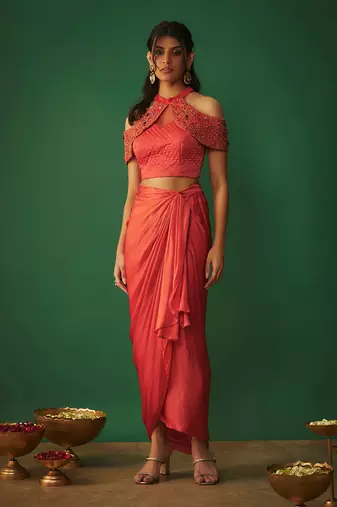 Orange embroidered top and draped skirt set