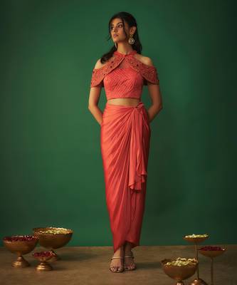 Orange embroidered top and draped skirt set 3