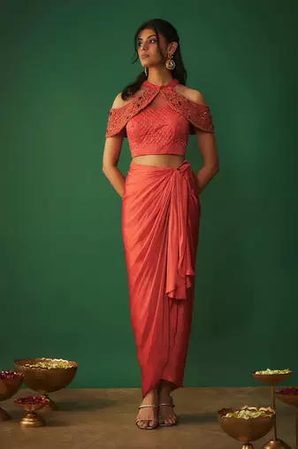 Orange embroidered top and draped skirt set