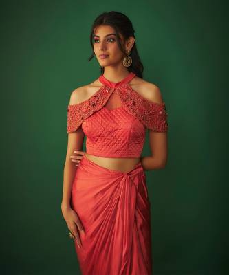 Orange embroidered top and draped skirt set 4