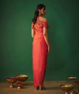 Orange embroidered top and draped skirt set 5