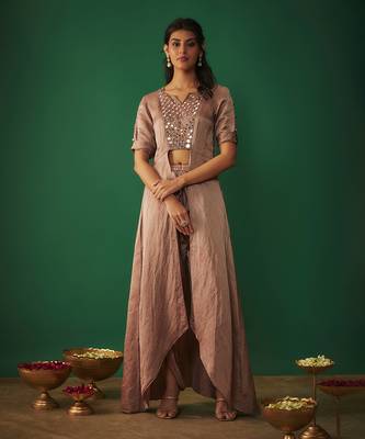 Coffee mirror embroidered front open kurta with dhtoi set 1