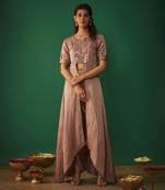 Coffee mirror embroidered front open kurta with dhtoi set