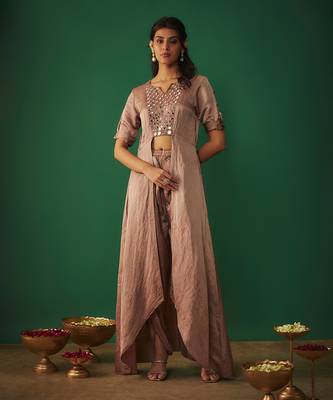 Coffee mirror embroidered front open kurta with dhtoi set 2
