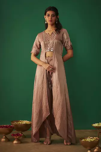 Coffee mirror embroidered front open kurta with dhtoi set