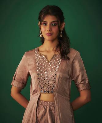 Coffee mirror embroidered front open kurta with dhtoi set 3