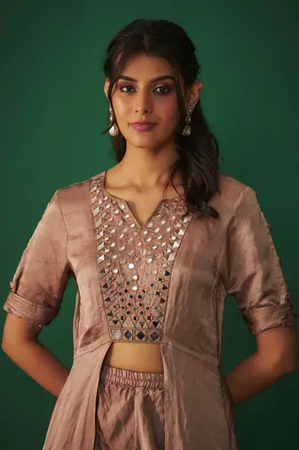 Coffee mirror embroidered front open kurta with dhtoi set