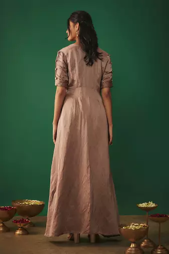 Coffee mirror embroidered front open kurta with dhtoi set
