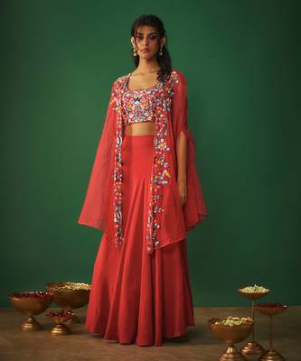 Red Threadwork Embroidered Choli, Cape And Lehenga Set 1