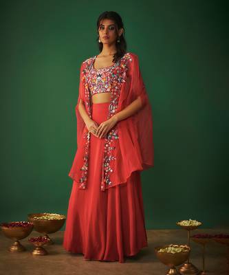Red Threadwork Embroidered Choli, Cape And Lehenga Set 2