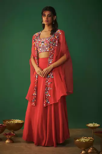 Red Threadwork Embroidered Choli, Cape And Lehenga Set