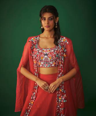 Red Threadwork Embroidered Choli, Cape And Lehenga Set 3