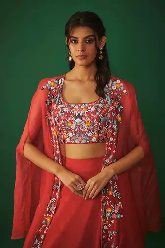 Red Threadwork Embroidered Choli, Cape And Lehenga Set