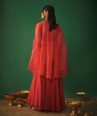 Red Threadwork Embroidered Choli, Cape And Lehenga Set 4