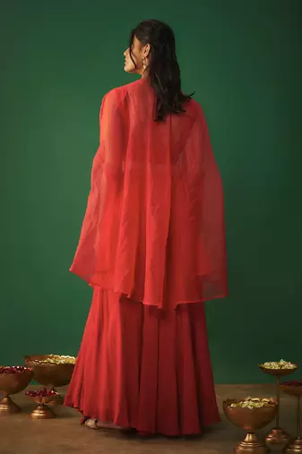 Red Threadwork Embroidered Choli, Cape And Lehenga Set