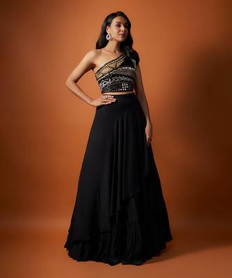 Black One Shoulder Embroidered Choli With Asymmetrical Lehenga Set 1