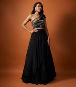 Black One Shoulder Embroidered Choli With Asymmetrical Lehenga Set